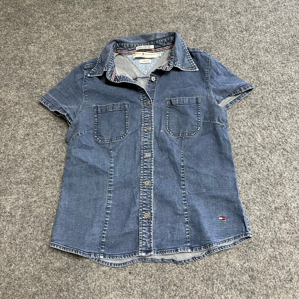 Tommy Hilfiger Shirt Womens Size L Blue Denim Stretch Short Sleeve Button Up
